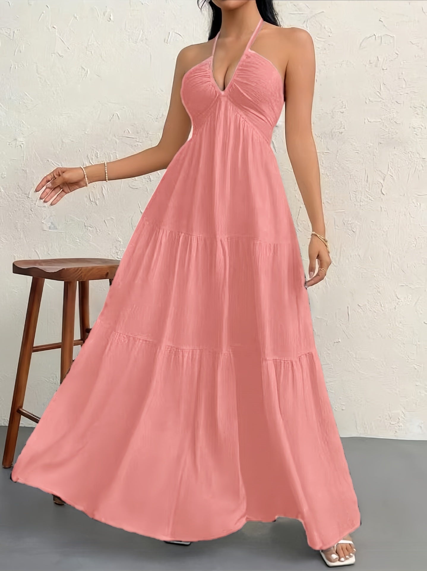 Women's Backless Halterneck Maxi Dress - Pink