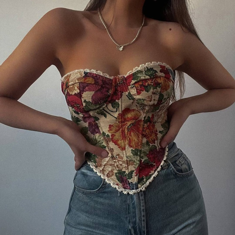 Floral Fishbone Lace-Up Drawstring Slim Crop Vest