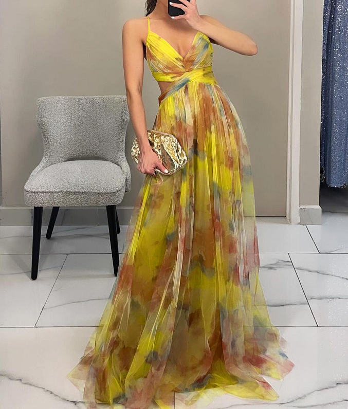 Mesh Print Sleeveless Slip Dress - Yellow