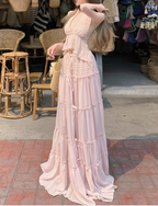 Women's Backless Lace Up Off-Shoulder Two-Piece Suit in Pink - High Waist Pleated Long Skirt Set