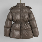Hooded Drawstring Slim Zip-Up Cotton-Padded Coat - Brown
