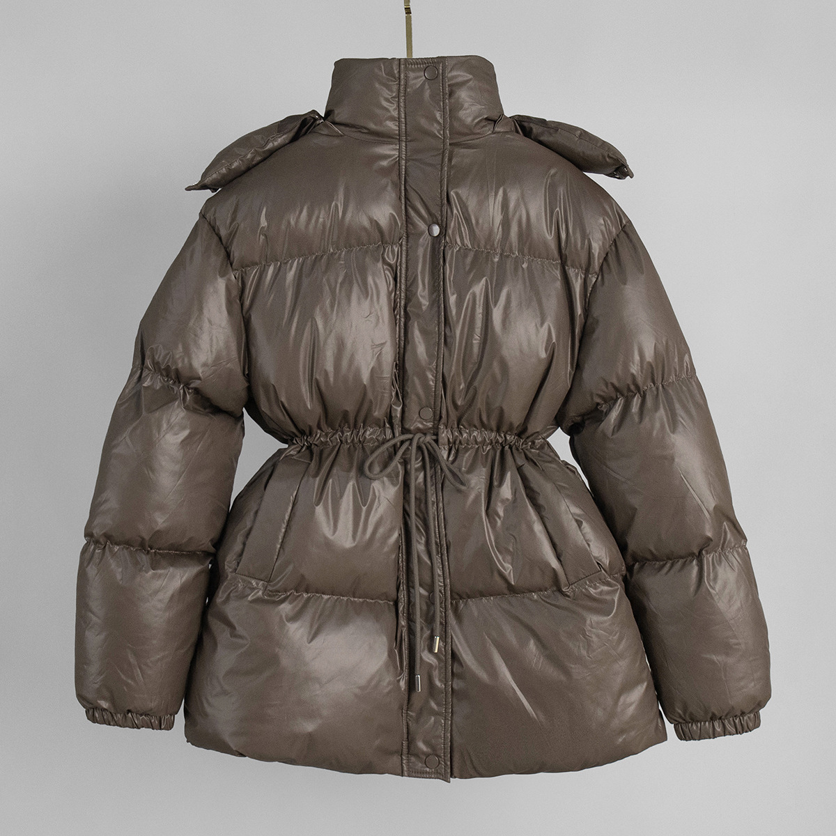 Hooded Drawstring Slim Zip-Up Cotton-Padded Coat - Brown