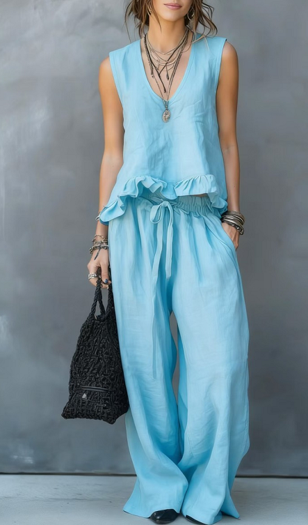 V-Neck Sleeveless Ruffle Hem Top & Wide-Leg Pants Set - Light Blue