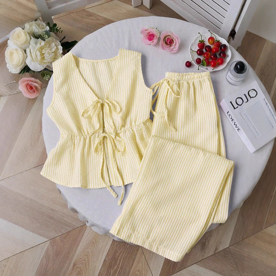Striped Tank Top & Solid Pants Two-Piece Set - Yellow