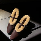 Genuine Sheepskin Pointed Toe Ankle Strap Flat Shoes