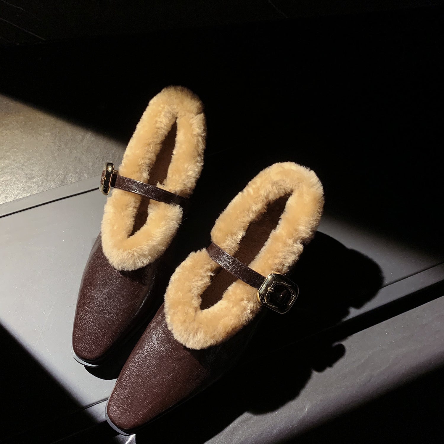 Genuine Sheepskin Pointed Toe Ankle Strap Flat Shoes
