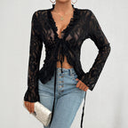 Bell Sleeve Slim-Fit Lace Top - Black