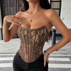 Floral Lace Fishbone Strapless Backless Corset Top - Dark Brown