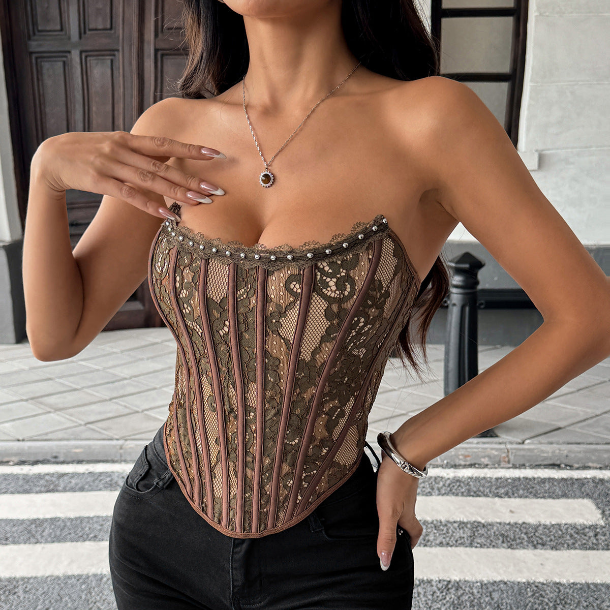 Floral Lace Fishbone Strapless Backless Corset Top - Dark Brown