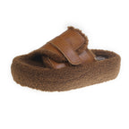 Fluffy Lamb Wool Fleece-Lined Suede Slippers - Dark Brown