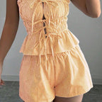 Striped Ruffle Crop Top & Elastic Waist Shorts Set - Yellow