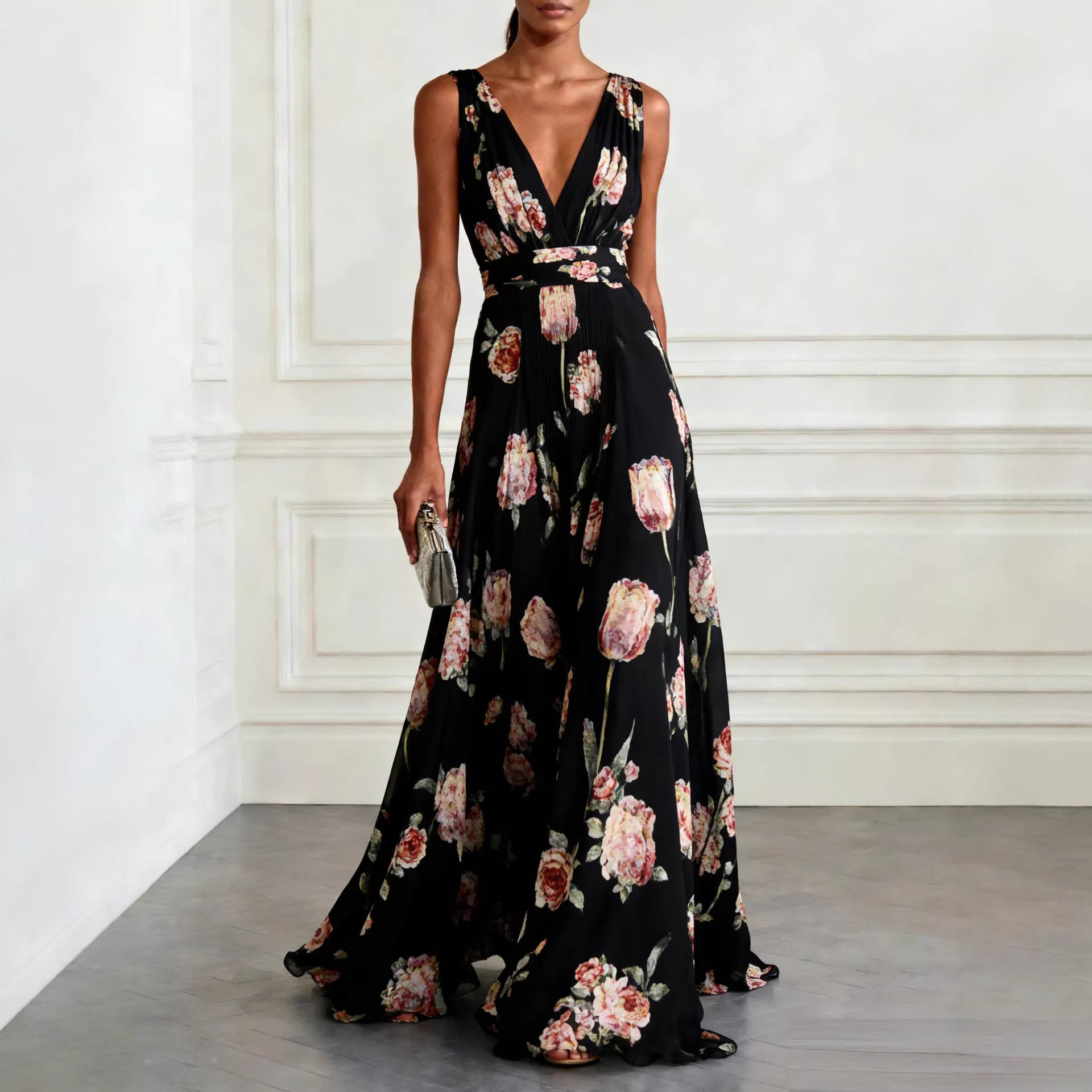 Floral Print Sleeveless Maxi Dress - Black