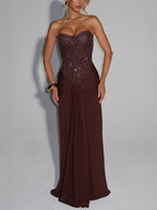 Strapless Waist-Cinching Slim Pencil Maxi Dress - Brown