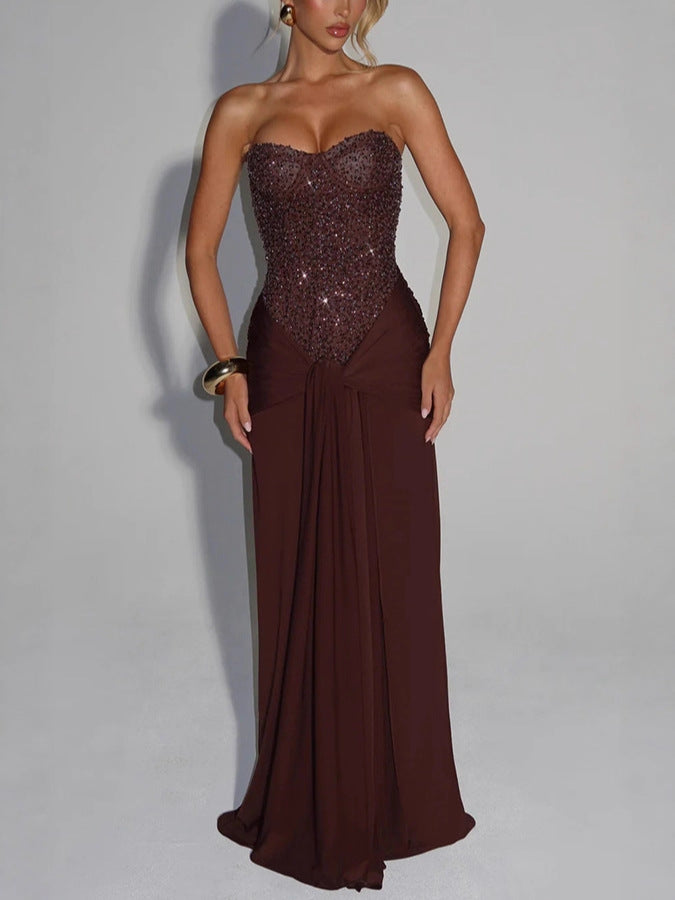 Strapless Waist-Cinching Slim Pencil Maxi Dress - Brown