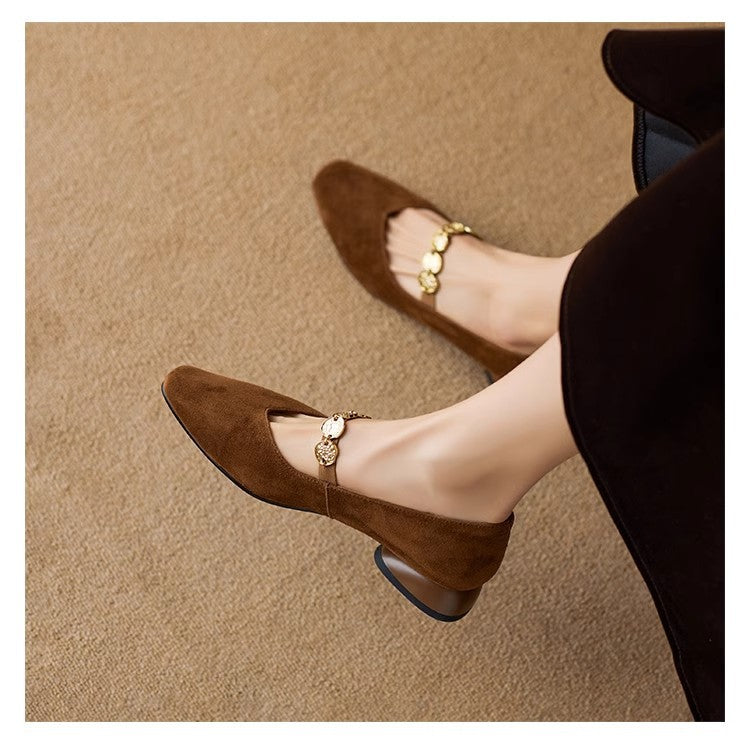 French Retro Square Toe Suede Flat Pumps