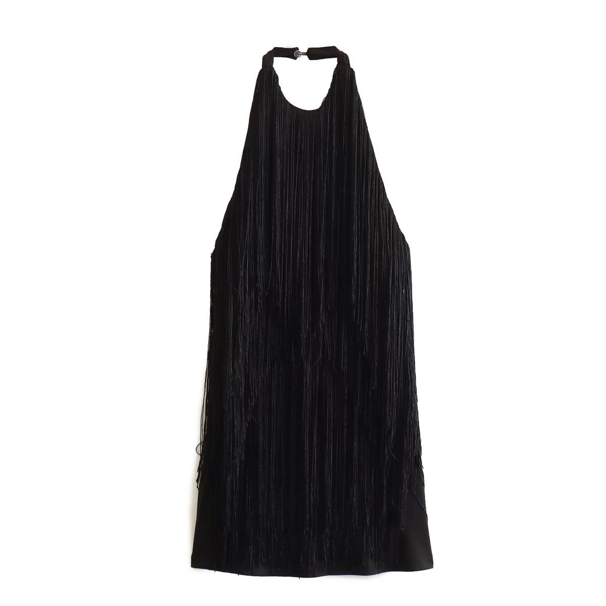 Halter Sleeveless Tassel Hem Mini Dress - Black