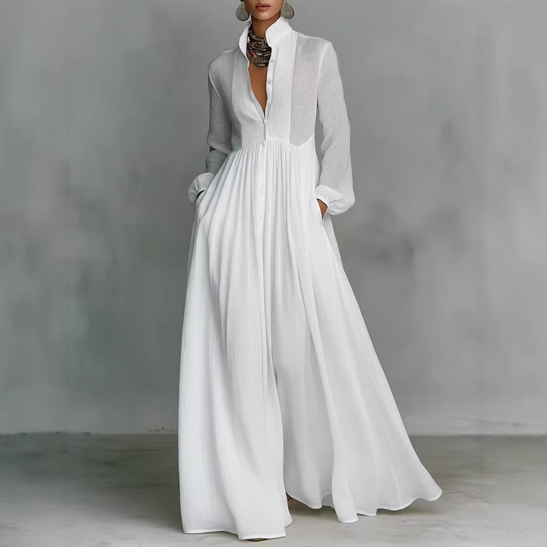 Women's Long Sleeve Pleated A-Line Dress - White