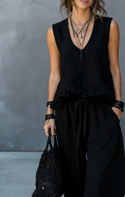 V-Neck Sleeveless Ruffle Hem Top & Wide-Leg Pants Set - Black