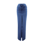 Solid Color Slim Fit 3D Flower Split Drape Long Skirt - Blue