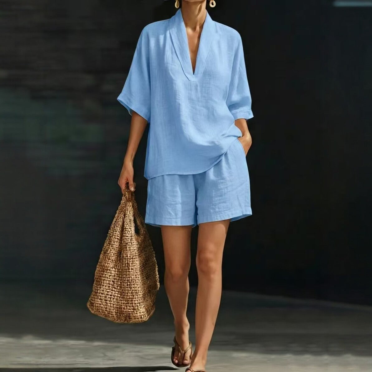Batwing Sleeve Top & Cropped Shorts Beach Set - Sky Blue