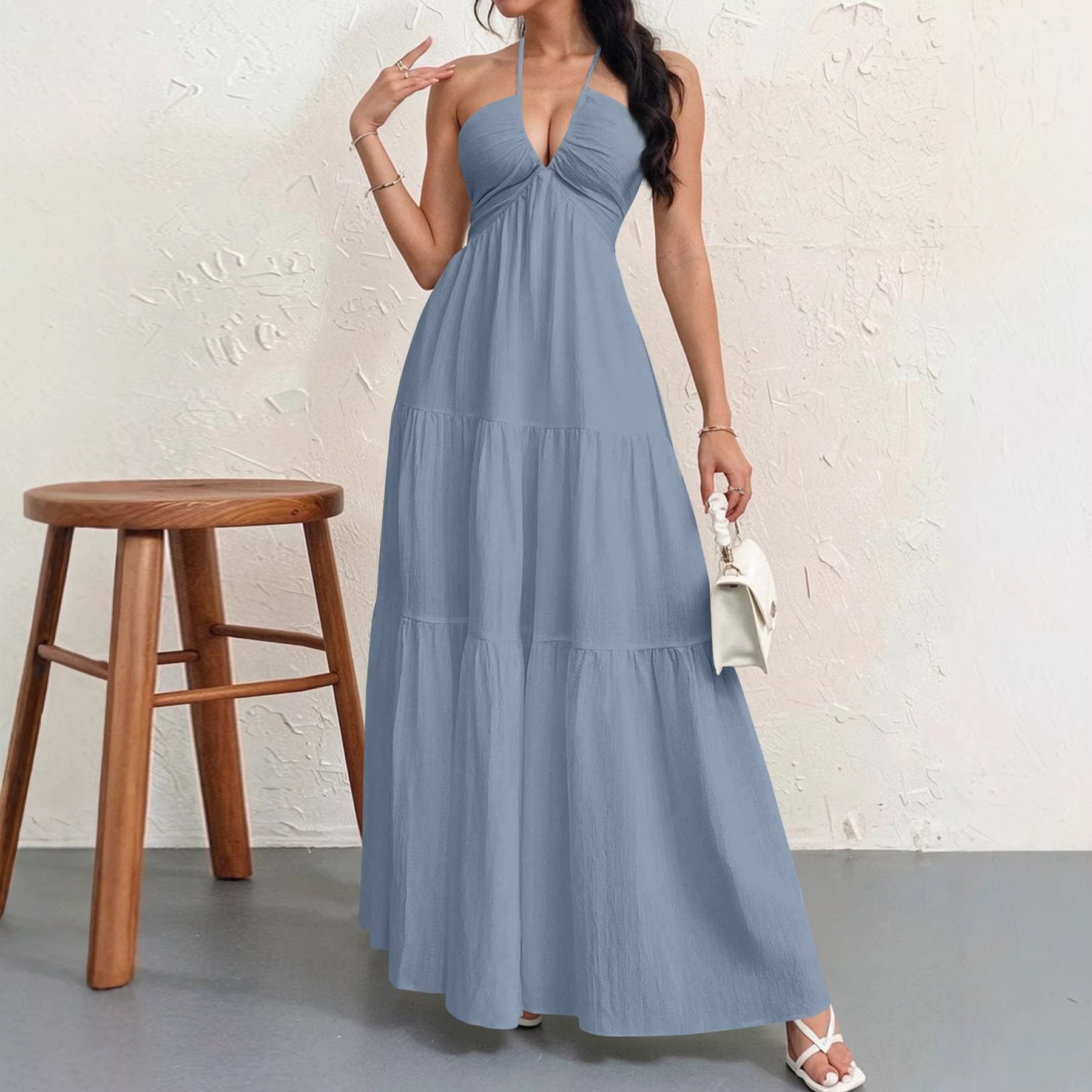 Women's Backless Halterneck Maxi Dress - Sky Blue