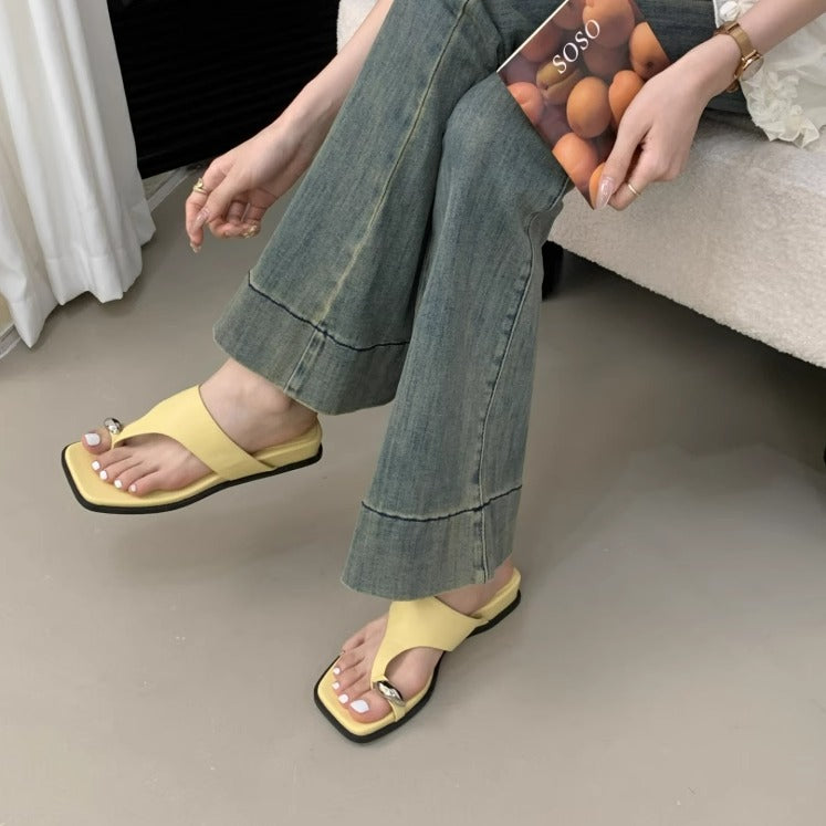 Korean Wedge Square-Toe Microfiber Slide Sandals - Yellow