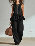 Pleated Tank Top & Wide-Leg Pants Set - Black