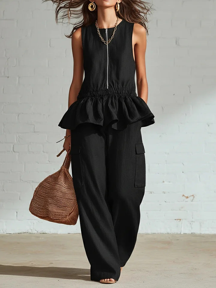 Pleated Tank Top & Wide-Leg Pants Set - Black
