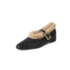 Genuine Sheepskin Pointed Toe Ankle Strap Flat Shoes