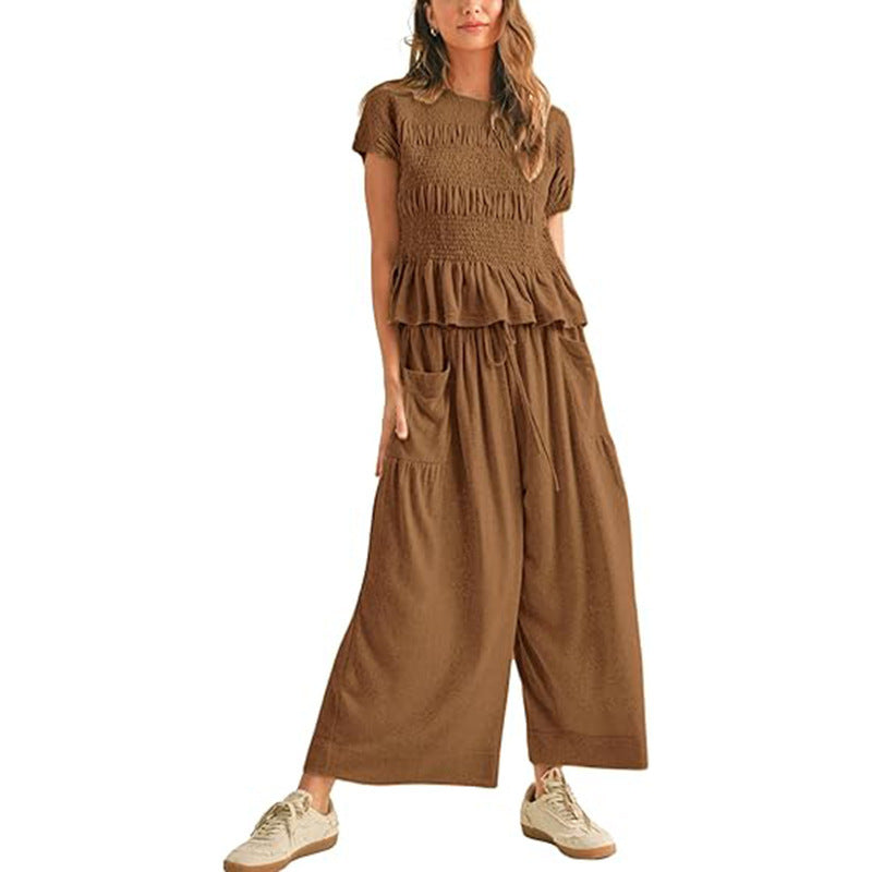 Sleeveless Top & Pleated High-Waist Wide-Leg Pants Set - Brown