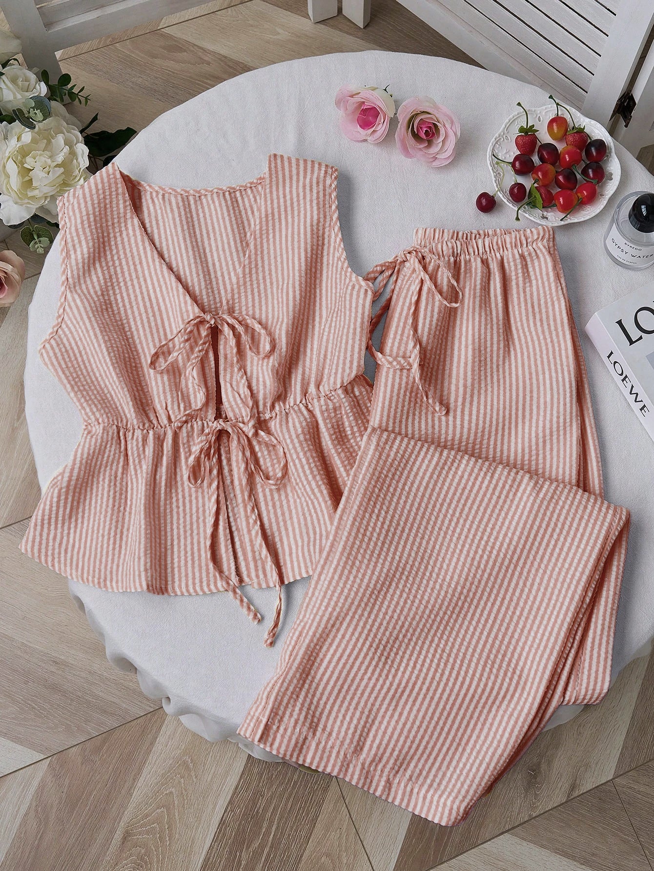 Striped Tank Top & Solid Pants Two-Piece Set - Brick Red