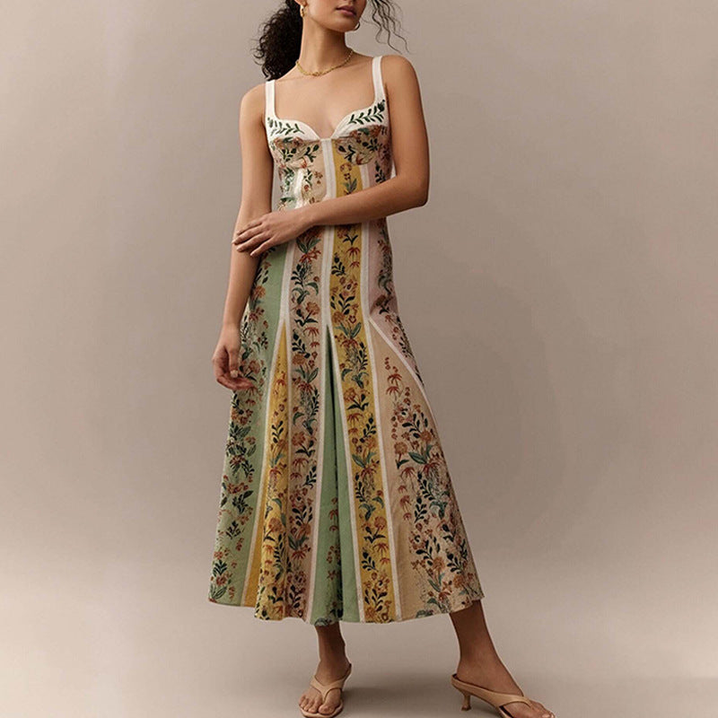 Vintage Print High-Waist A-Line Maxi Dress - Print