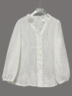 Lace Hollow-Out Patchwork Long Sleeve Top - White