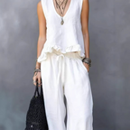 V-Neck Sleeveless Ruffle Hem Top & Wide-Leg Pants Set - White