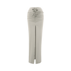 Solid Color Slim Fit 3D Flower Split Drape Long Skirt - Khaki