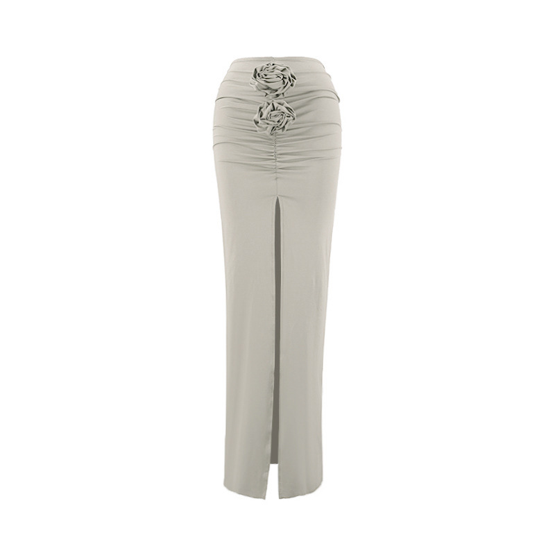 Solid Color Slim Fit 3D Flower Split Drape Long Skirt - Khaki