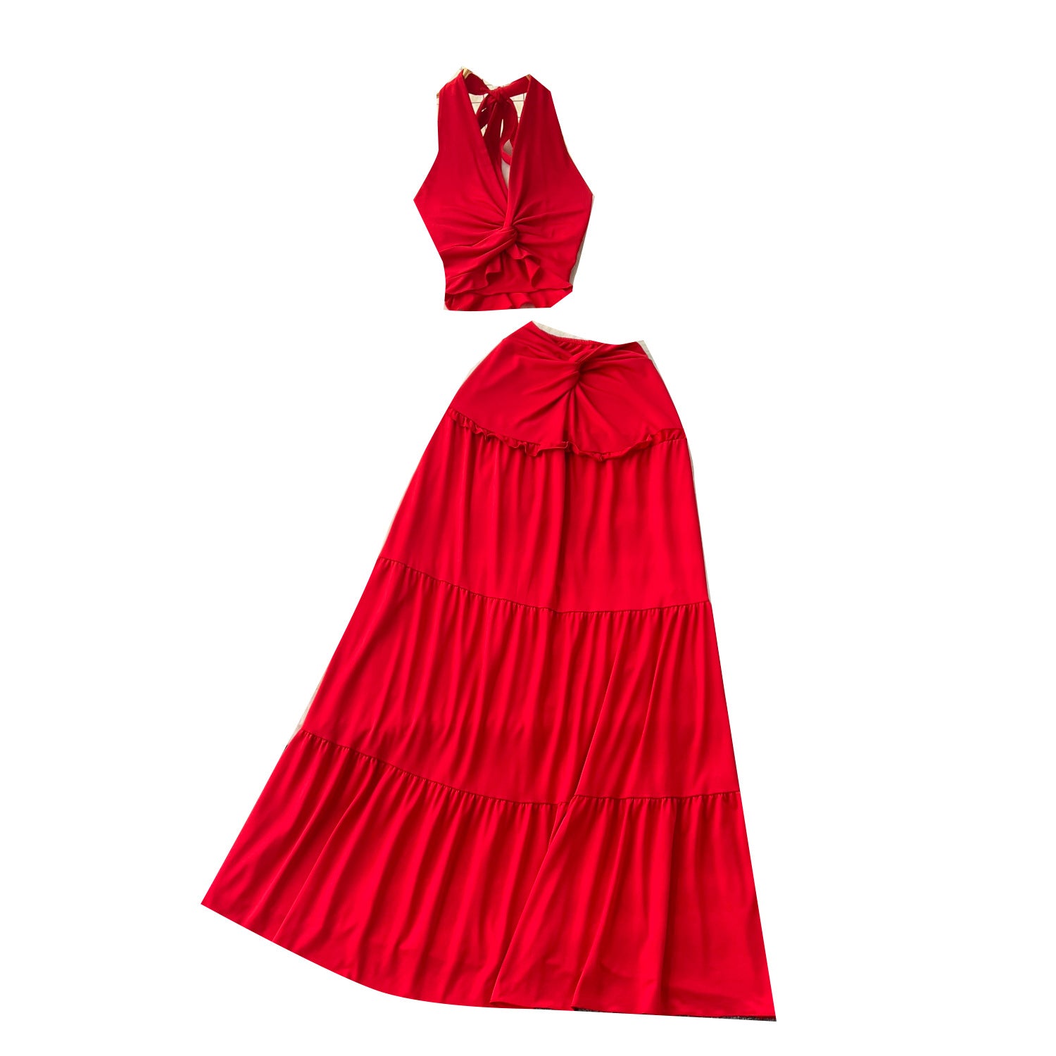 V-Neck Halter Top & High-Waist Skirt Set - Red