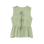 Lace-Up Sleeveless Top & Flared Drape Pants - Green Top