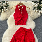 V-Neck Halter Top & High-Waist Skirt Set - Red