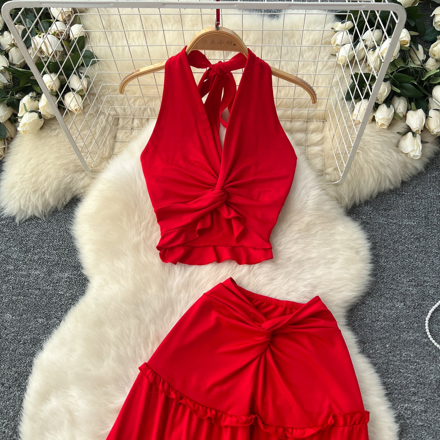 V-Neck Halter Top & High-Waist Skirt Set - Red