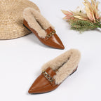 Pointed Toe Square Buckle Fluffy Low Heel Loafers