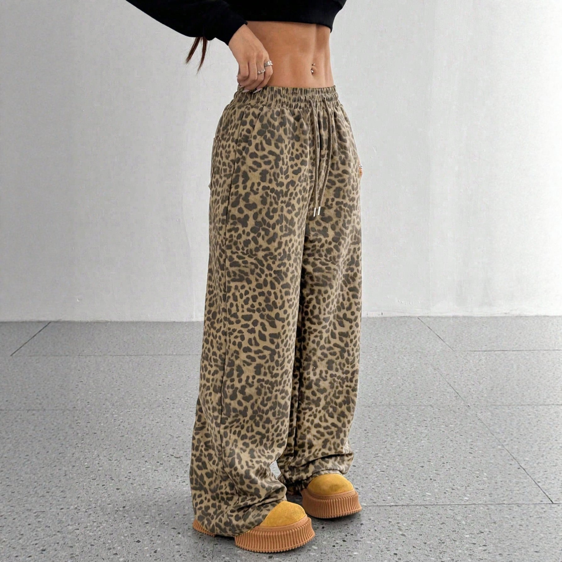 Leopard Print Loose Straight Leg Casual Trousers