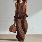 Pleated Tank Top & Wide-Leg Pants Set - Brown