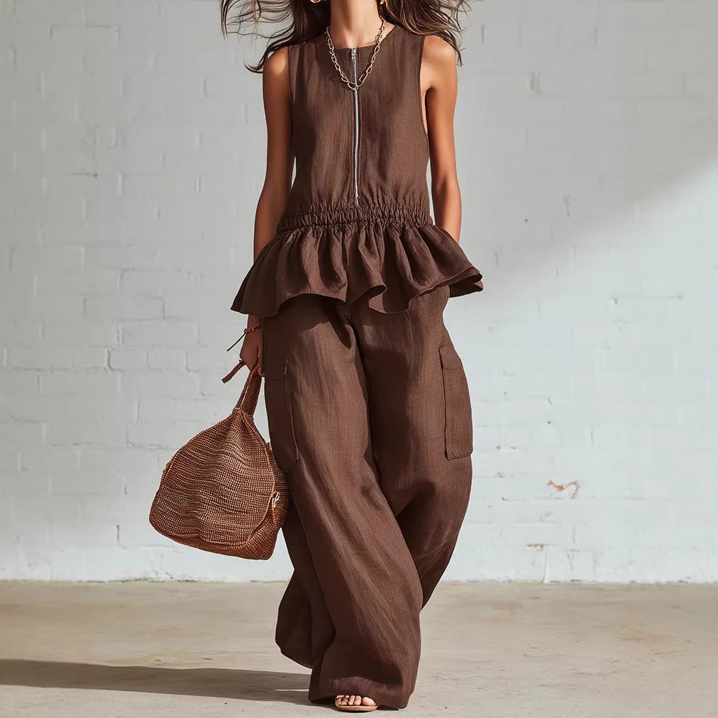 Pleated Tank Top & Wide-Leg Pants Set - Brown