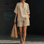Batwing Sleeve Top & Cropped Shorts Beach Set - Camel
