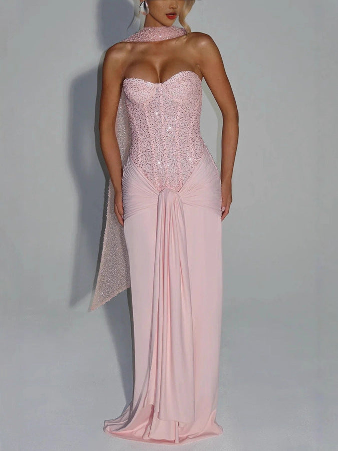 Strapless Waist-Cinching Slim Pencil Maxi Dress - Pink
