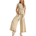 Sleeveless Top & Pleated High-Waist Wide-Leg Pants Set - Beige