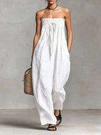 Women's Strapless Ruched Jumpsuit - White