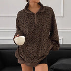 Leopard Print Corduroy Zip-Up Loose Sweatshirt
