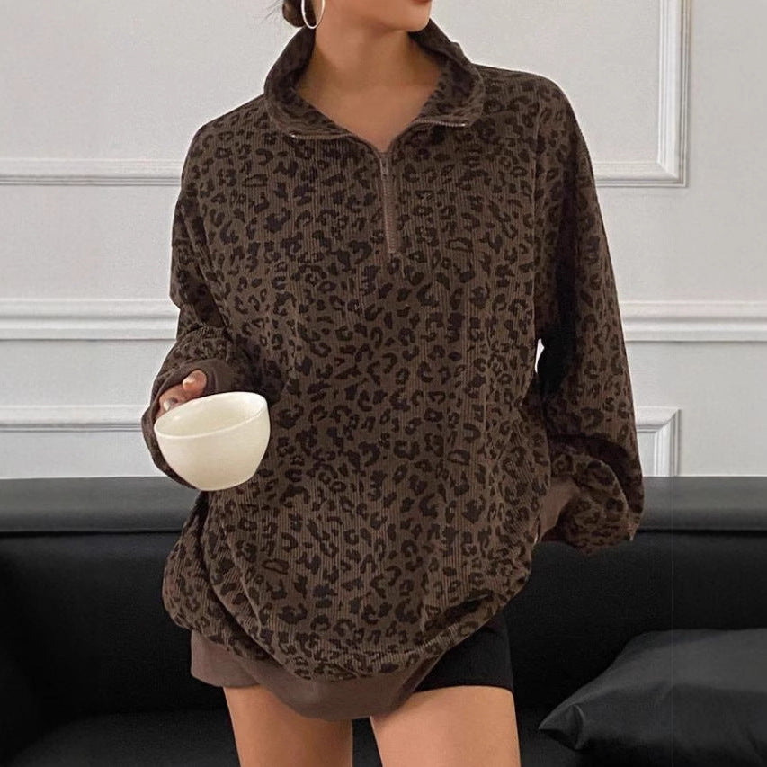 Leopard Print Corduroy Zip-Up Loose Sweatshirt